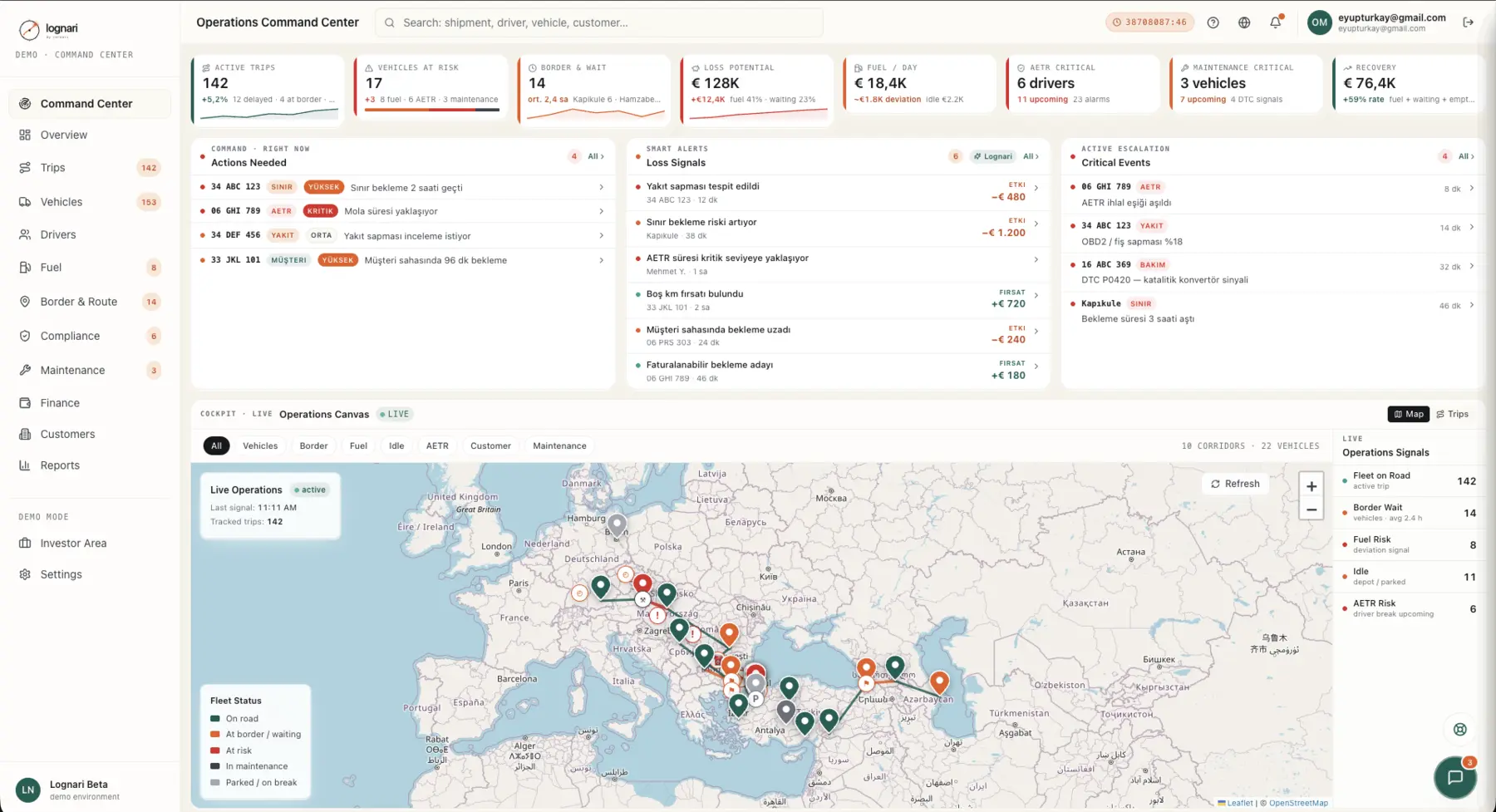 Lognari logistics intelligence surface inside Cernari